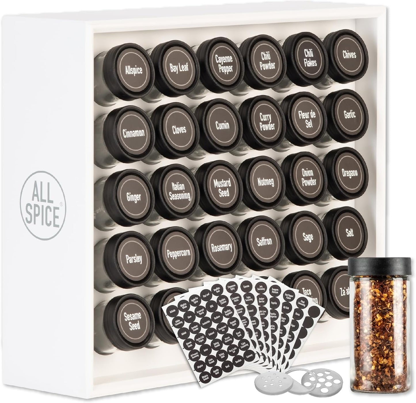 AllSpice Spice Rack Organizer, Wood, 525 Unique Labels, Countertop or Wall Mount, Includes 30 4oz Jars- Matte White