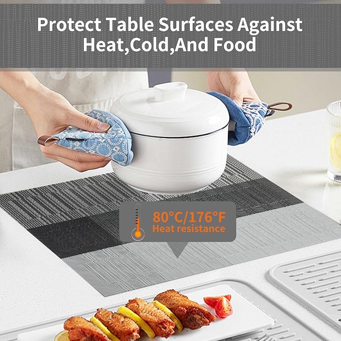 Dark Gray Placemats Set of 8-Durable PVC Vinyl Woven Washable Place Mats for Dining Table Heat Resistant Non-Slip Indoor/Outdoor Table Mats 12 x 17 inch