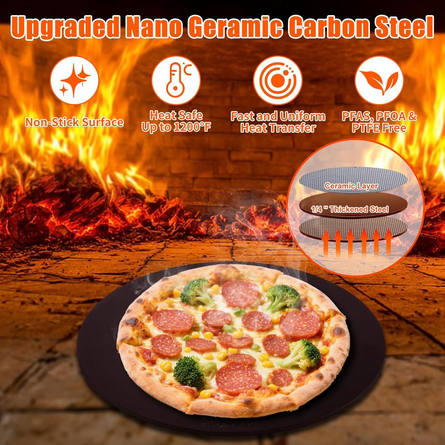Hisencn 13" Round Pizza Steel for Oven & Grill – Ceramic Baking Steel Pizza Stone Set with Rack, Pizza Peel, Cutter & Dough Scraper, Crack-Resistant & High Heat Conductivity for Crispy Crust