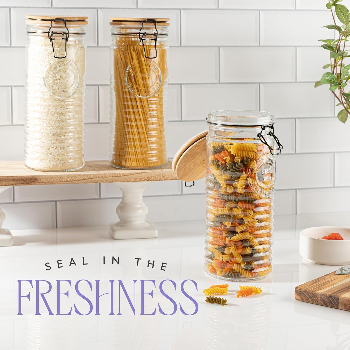 kitchentoolz Glass Storage Canister with Airtight Clasp Lids - Set of 3 Mason Jar Storage Containers for Cereal, Coffee & Rice - 56 Ounce Pantry Organizing Canister Set