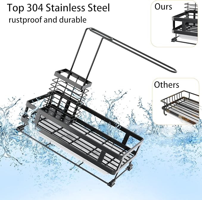 Godboat X-Large Capacity Kitchen Sink Organizer with Brush Rack, 304 Stainless Steel, Sponge Holder for Kitchen Sink, Sink Caddy with Drain-Pan, Cool Kitchen Gadgets & Gifts for Women, Christmas
