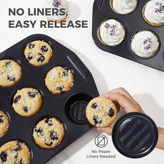 HONGBAKE 9-Piece Baking Pans Set with Wave Texture for Reduced Oil, 0.8mm Thick Bakeware Sets Non Stick, Includes Stackable Cookie Sheets for Oven Cooking, Cake Pan, Muffin Pan, Loaf Pan, Rack, Blue