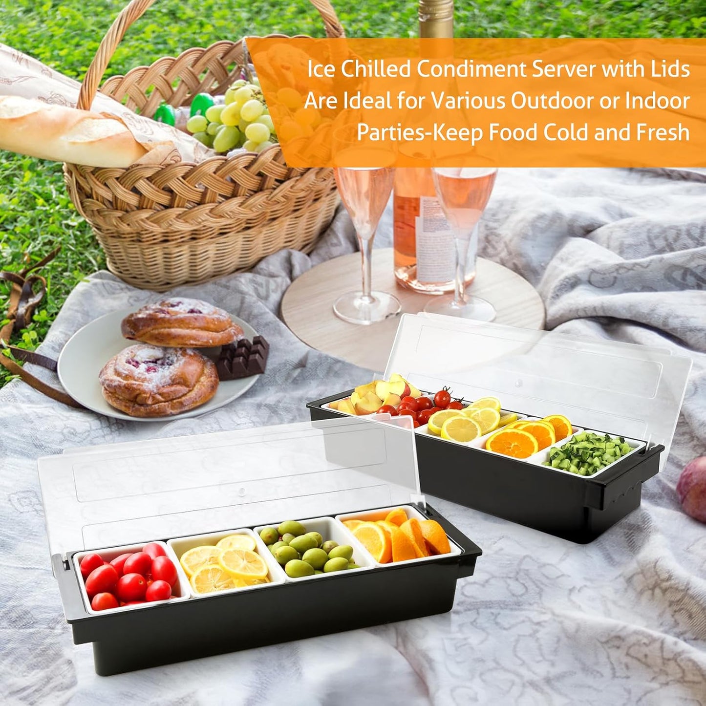 WICHEMI Fruit, Veggie & Condiment Caddy with Lid Dispenser Tray Garnish Station for Bartending & Serving Taco, Ice Cream, Salad Bar - Topping Organizer for Restaurant Supplies (4 Compartment, 2 Pack)