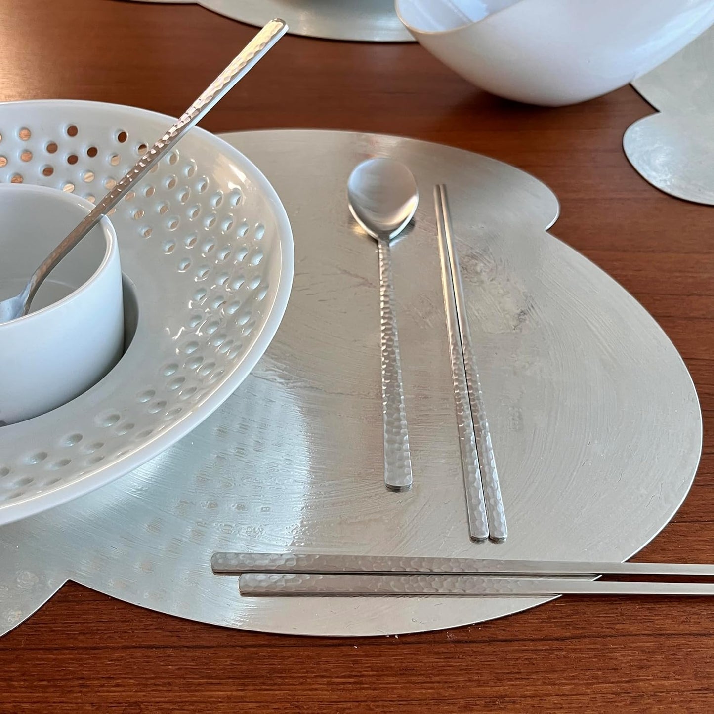 Korean Made Silver Glossy Hammered Stainless Steel Korean Spoon & Chopstick SET Stocking Stuffer Gift for Mom (2SET)