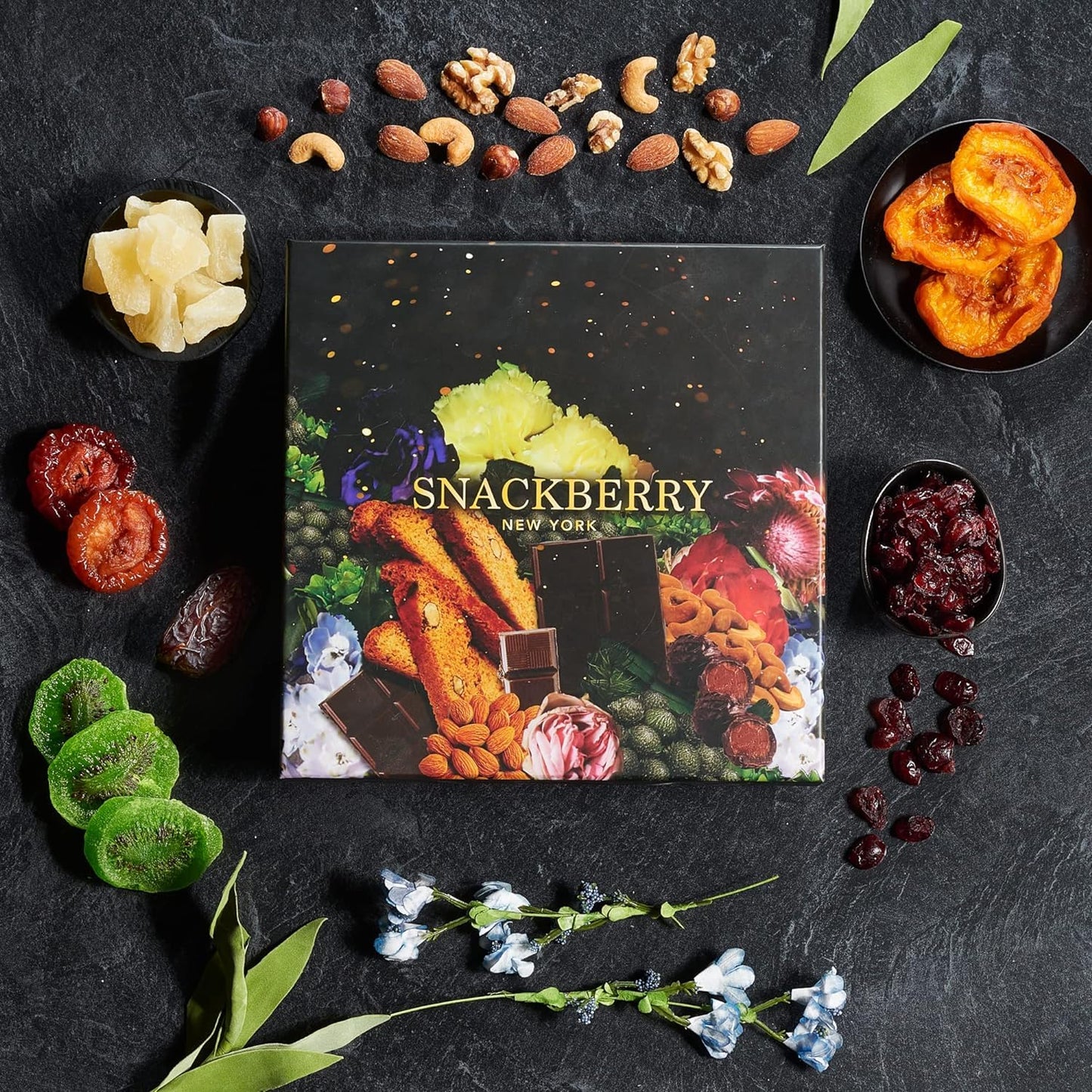 Dried Fruit & Nuts Gift Basket Arrangement Platter, Gourmet Food Snack Box, For Christmas, New Years, Birthday Care Package, Healthy Kosher - Her Him - 12 Snackberry Assortment (3-Pack)