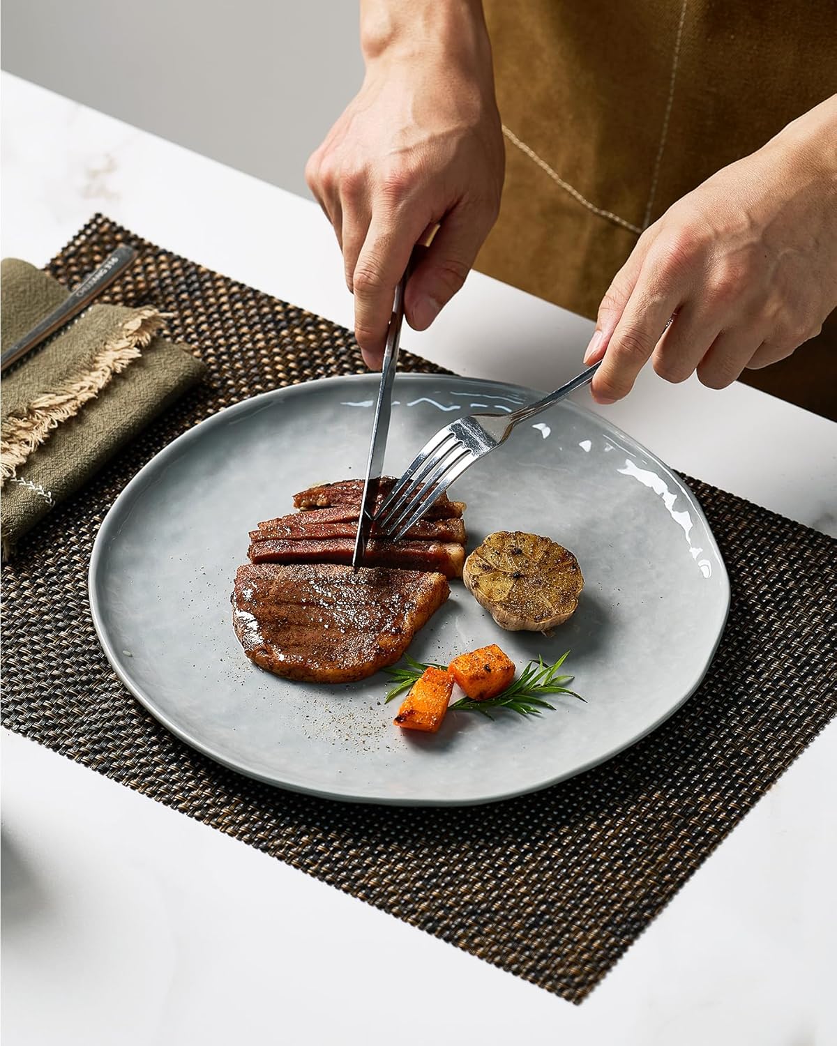 Famiware Porcelain kitchen plates and bowls set, Modern dishes set for 4, Handmade Wave Edge Dinnerware Sets, Microwave and Dishwasher Safe Tableware, Sleek Grey (16pc)