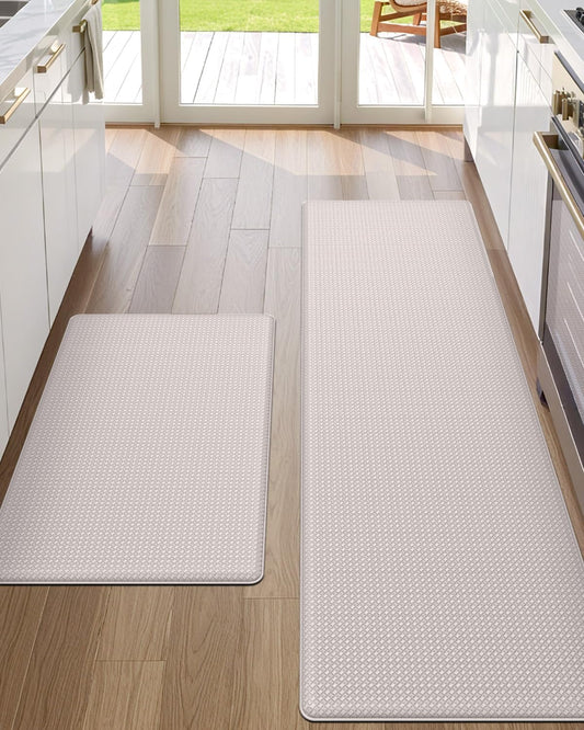 DEXI Kitchen Floor Mats Cushioned Anti Fatigue, 17x29+17x59, Large Long Standing Runner Rug Waterproof, Comfort Memory Foam Padded for Front Sink Laundry, Beige White