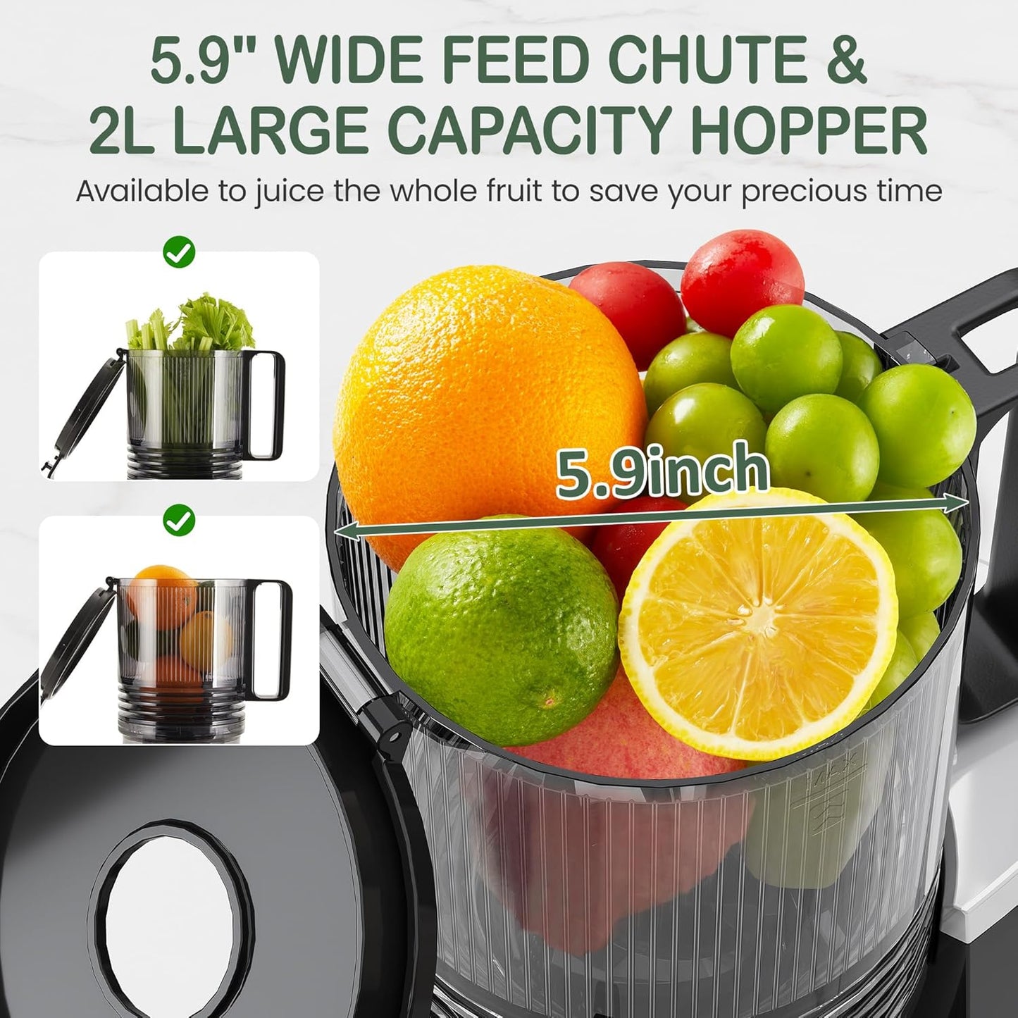 Heynemo Juicer Machines, 5.9" Wide Feed Chute Cold Press Juicer for Whole Vegetable & Fruit, 250W Slow Masticating Juicer Machines with with Dual-Layer Strainer, Easy to Clean,High Juice Yield, Black