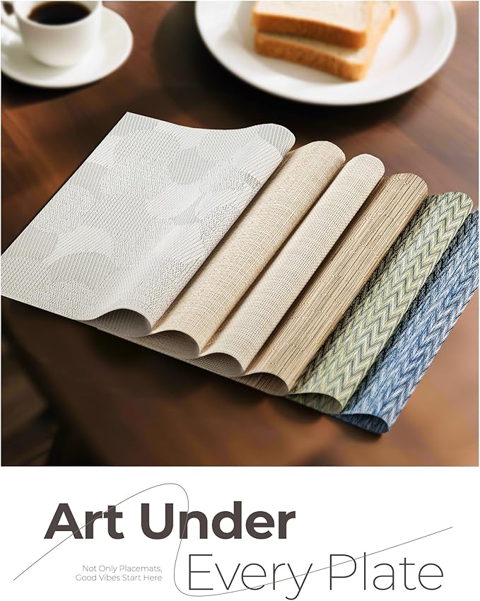 Leetaltree Beige White Placemats Set of 16 - Heat Resistant Non-Slip Place mats for Dining Table, Washable Durable PVC Vinyl Woven Table Mats（Beige White, 16）