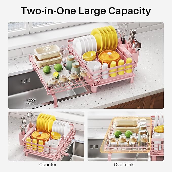 SNTD Dish Drying Rack - Extendable Dish Rack, Large Sink Drying Dish Drainer for Kitchen Counter, Stainless Steel Dish Strainer with Utensil Holder (Pink)