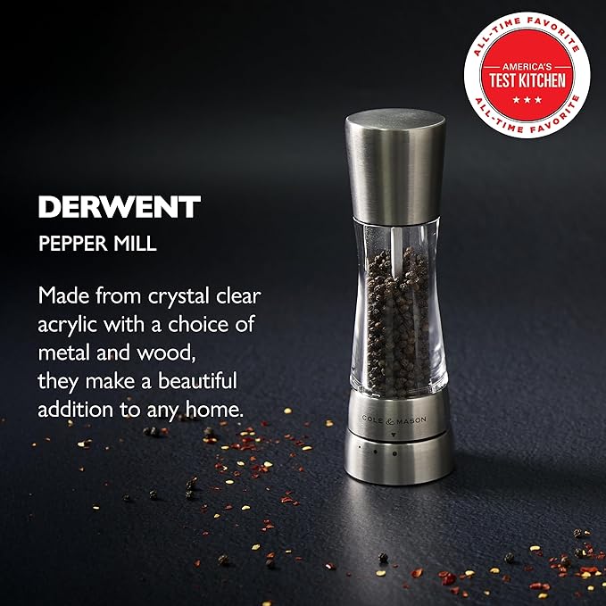Cole & Mason Derwent Pepper Mill - Refillable Pepper Grinder with Gourmet Precision Mechanisms - Kitchen Accessories for Cooking - Black Peppercorn Grinder for Seasoning - Pepper Mill, Stainless Steel