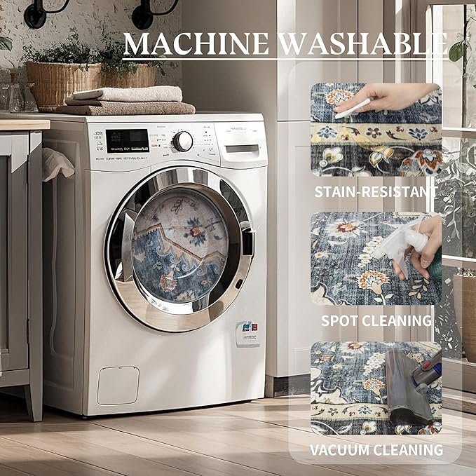 Area Rug for Living Room - Vintage Indoor Machine Washable Rug for Bedroom Dinning Room Floor - Soft Low-Pile Carpet Non-Slip Backing Floral Rugs for Office (Blue/Ivory, 5' × 7')