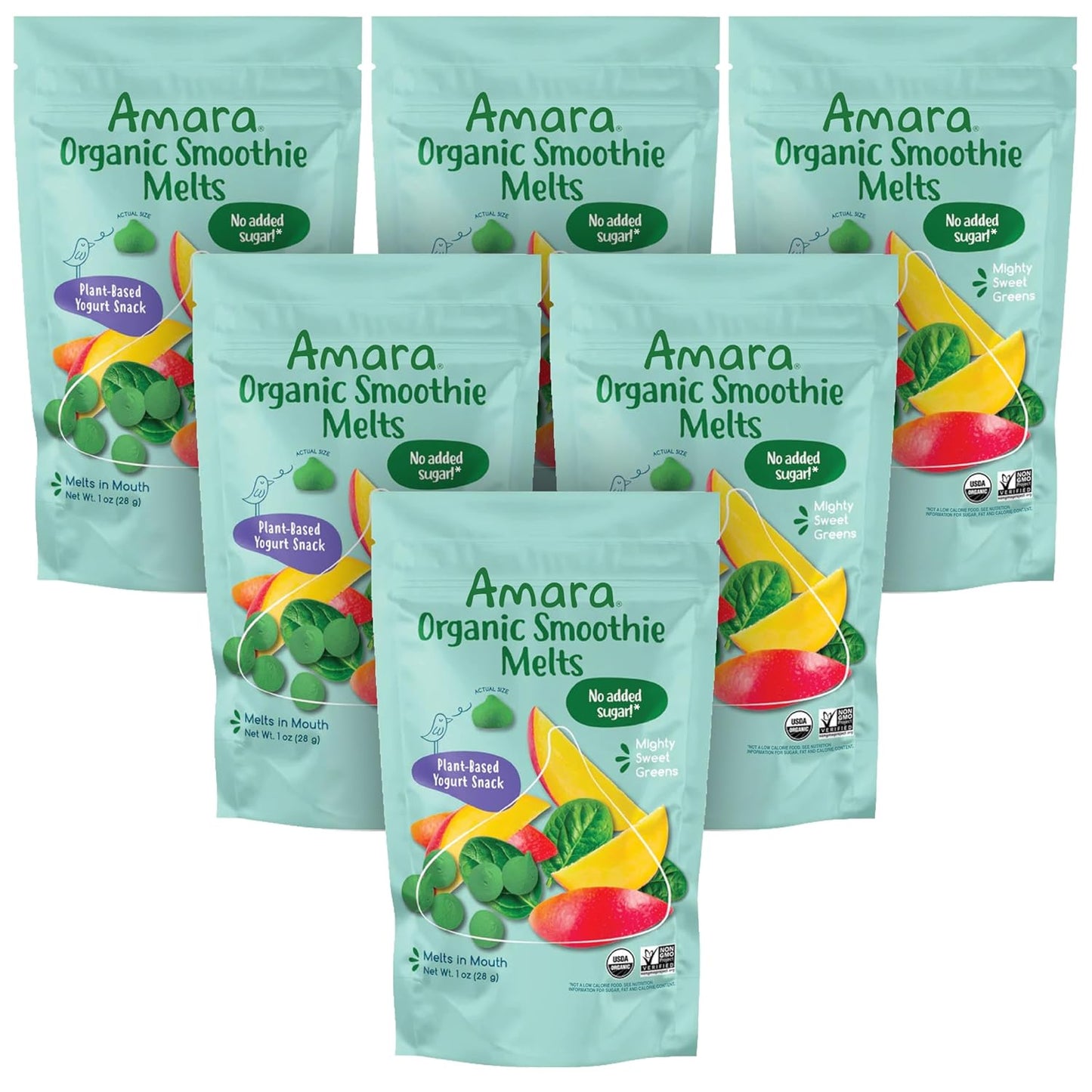 Amara Smoothie Melts - Mighty Sweet Greens - Baby Snacks Made With Fruits and Vegetables - Healthy Toddler Snacks For Your Kids Lunch Box - Organic Plant Based Yogurt Melts - 6 Resealable Bags