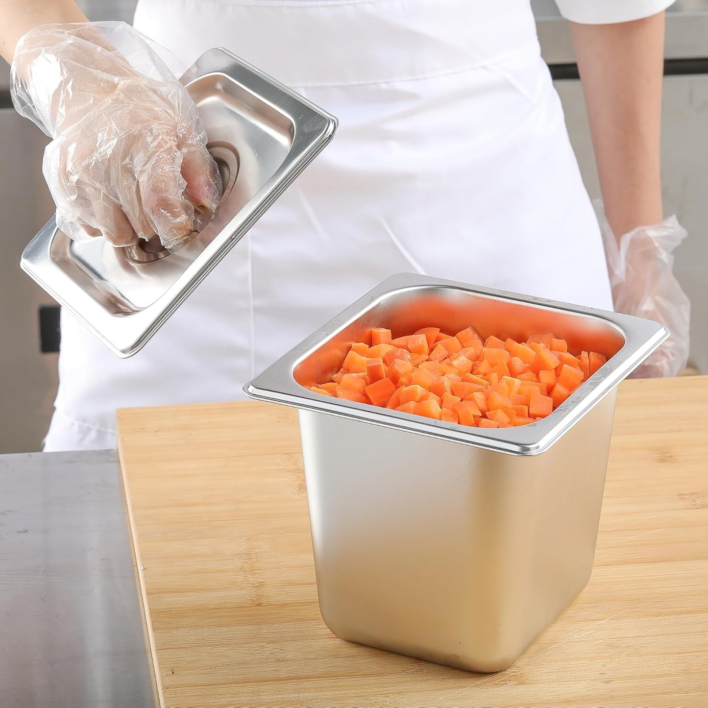 EGGKITPO1/6 Size 6 Inch Deep Stainless Steel Pans with Lid 6 Pack Steam Table Pan Commercial Hotel Pan for Salad Prep Table Metal Food Pans with Cover for Kitchen and High-volume Restaurant Supplies