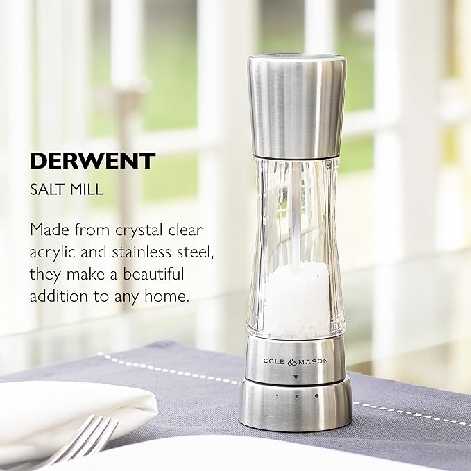 COLE & MASON Derwent Salt Grinder - Stainless Steel Mill Includes Gourmet Precision Mechanism and Premium Sea Salt
