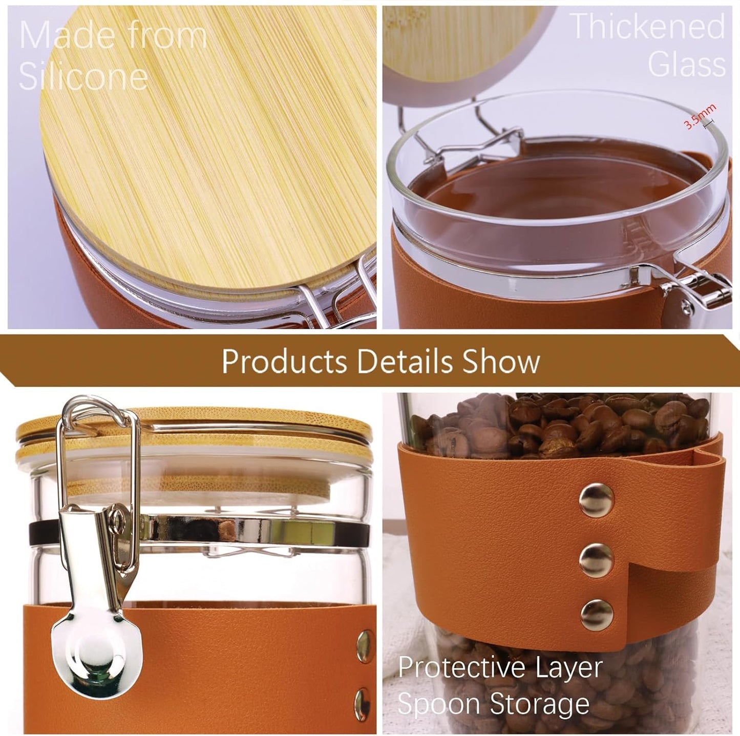 Glass Storage Jars with Spoon, Kitchen Food Storage jars with spoon, Glass Coffee Nuts Canister with Bamboo Lids, Scoop for Beans, Ground Coffee,Nuts, Cookie, Flour (27OZ×2)