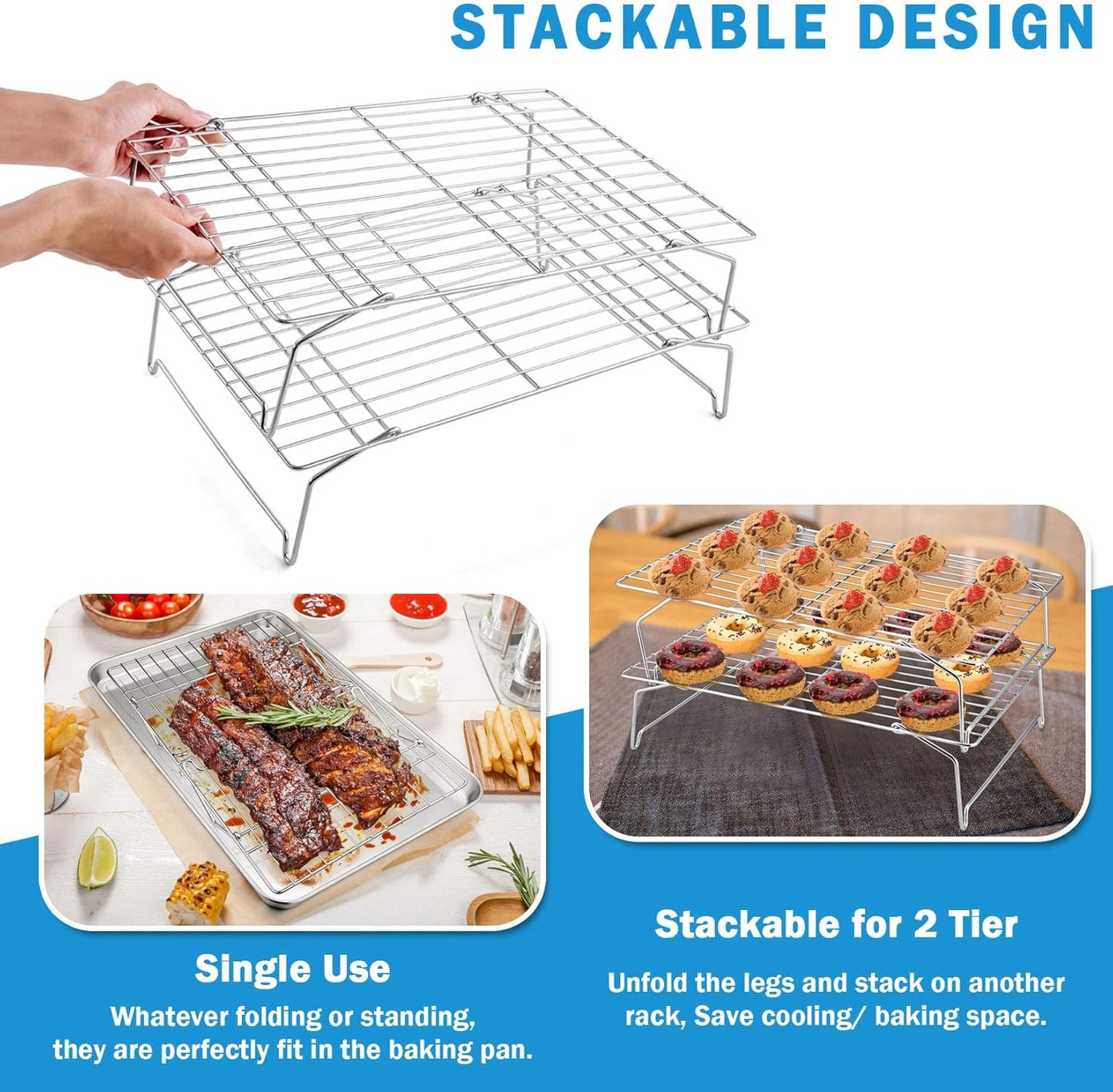 P&P CHEF 16 Inch Stainless Steel Baking Sheet with Rack Set (2 Pans+ 2 Racks), Cookie Sheets Baking Trays and Cooling Wire Racks, Oven & Dishwasher Safe, Pans with Stackable Racks