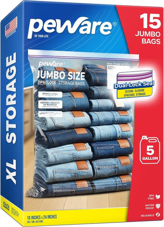 Large Storage Bags, 18"x24" Jumbo Plastic Bag, BPA Free, 5 Gallon XL Zipper Lock Baggies for Clothes Pillow Travel Moving - 15 Jumbo Bags