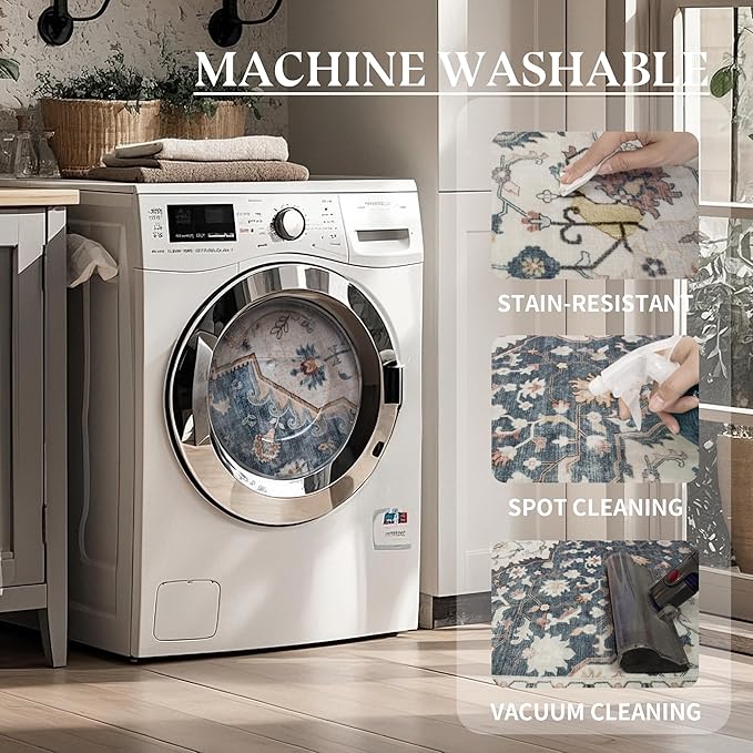 Area Rug for Living Room - Vintage Indoor Machine Washable Rug for Bedroom Dinning Room Floor - Soft Low-Pile Carpet Non-Slip Backing Floral Rugs for Office (Blue/Cream, 5' × 7')