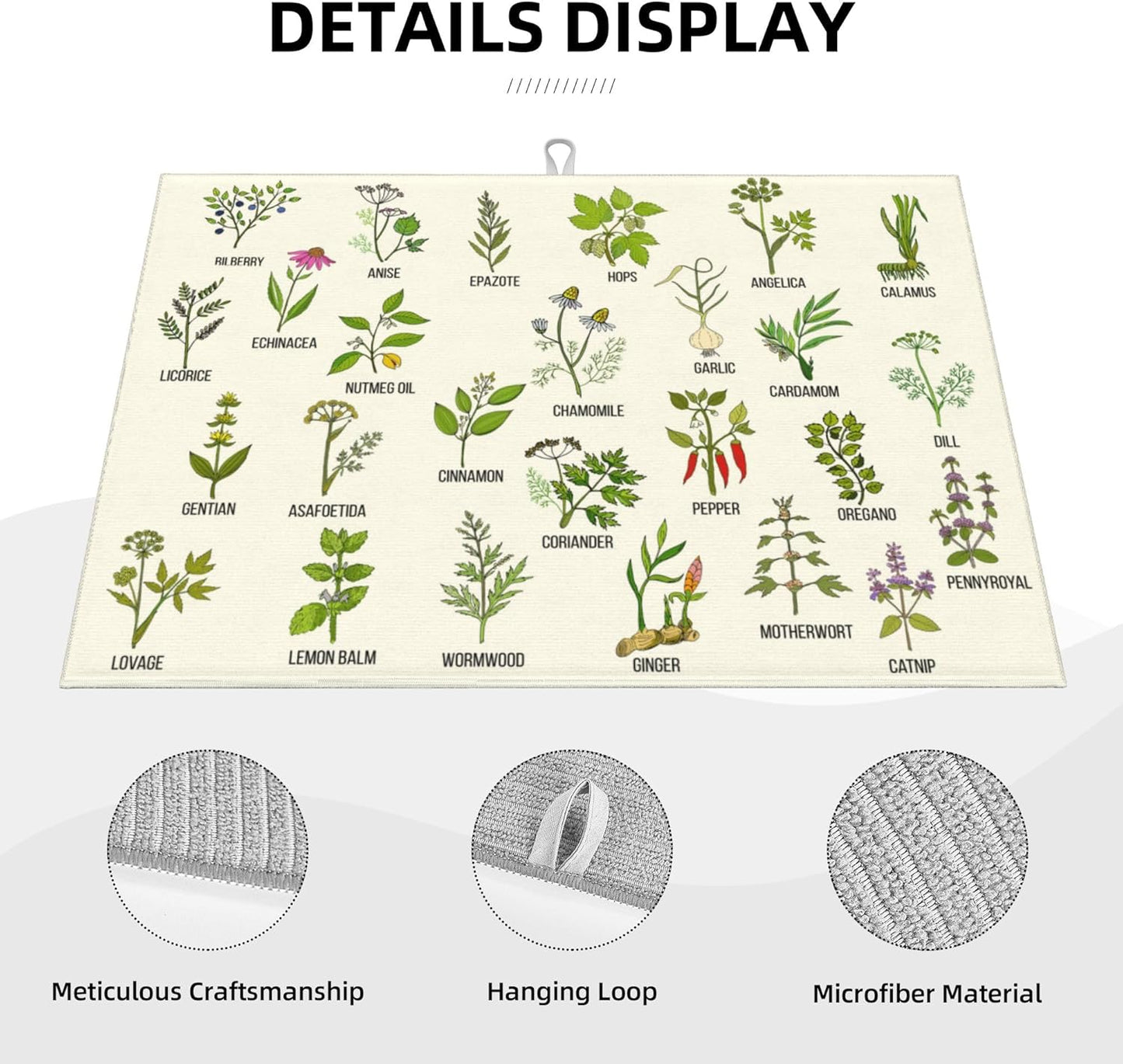 Cute Herbs Botanic Garden Plants Dish Drying Mat for Kitchen Counter Modern Drying Pad 18x24 Inch Absorbent Reversible Dish Drainer Rack Mats