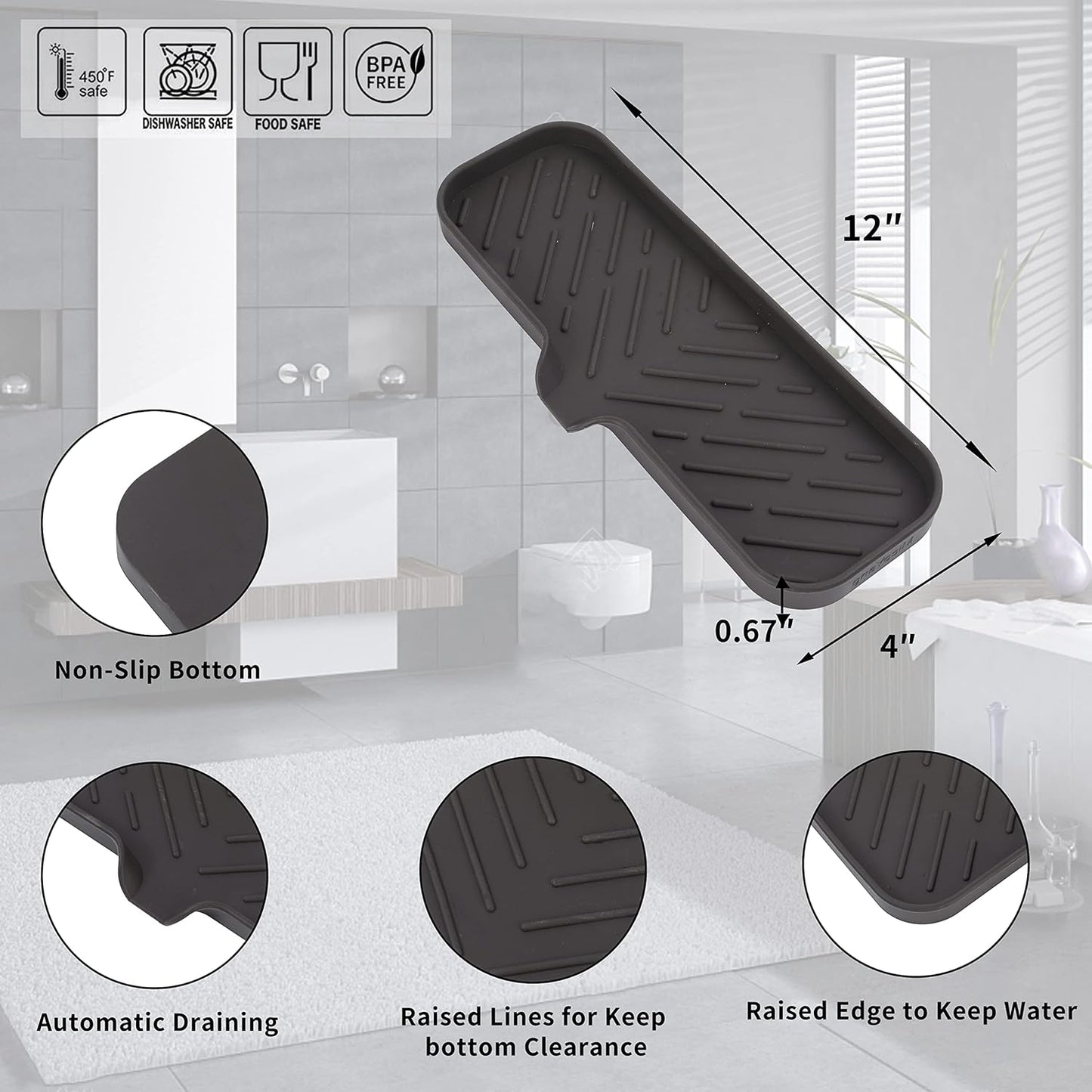 Silicone Bathroom Soap Dishes with Drain Spout-Bathroom and Kitchen Sink Organizer,Sponge Holder,Dish Soap Tray,Perfect for Dispenser,Scrubber,Bottle,Cup on Sink or Counter-Coffee 12"×4"