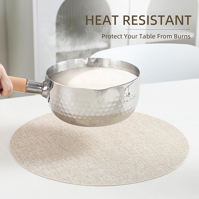 Beige Round Placemats Set of 6 Dual Sided Faux Leather Place Mats Indoor Placemats for Dining Table Outdoor Placemats Waterproofing Non-Slip Washable Table Mats 14 inch