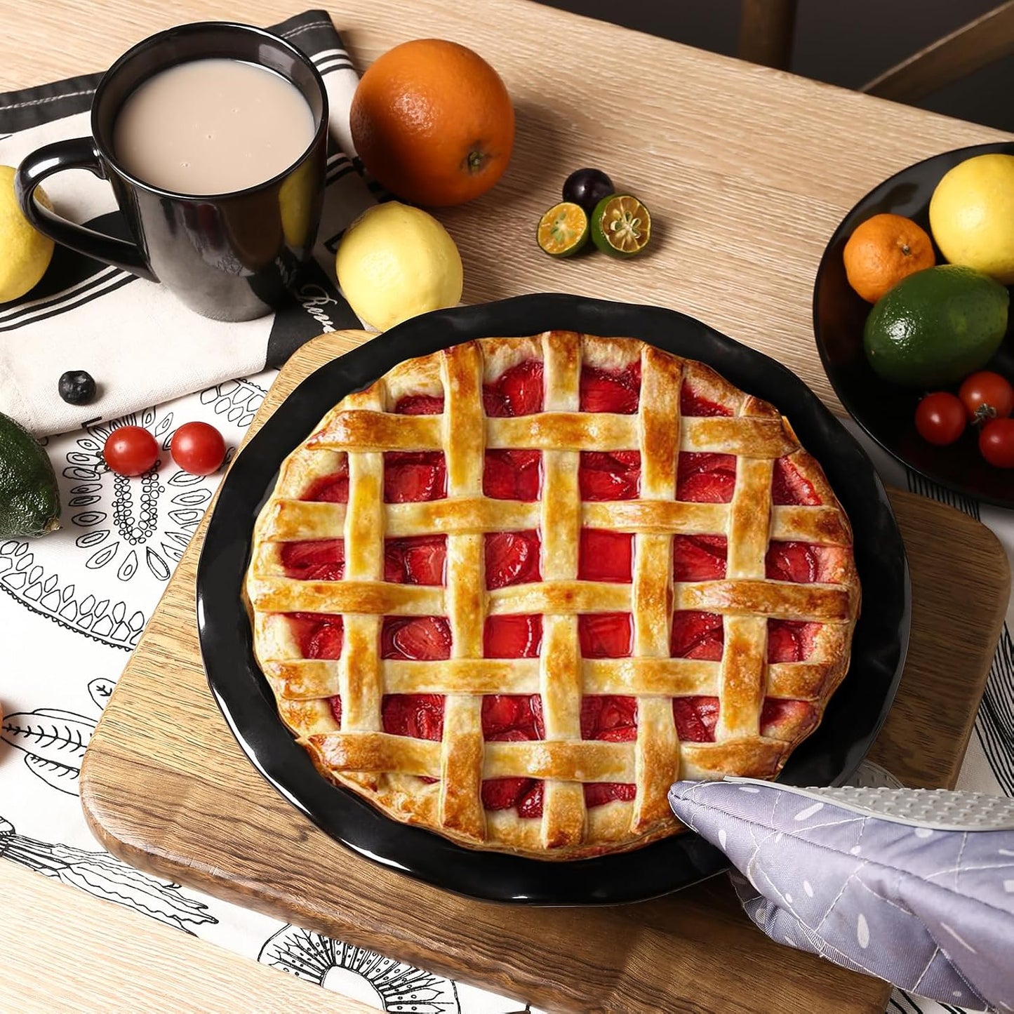 vicrays Ceramic Pie Pan for Baking - 9 inch Pie Plate, Round, Fluted and Deep Pie Dish for Tart, Pizza, Apple Pie, Quiche, Pot Pies, Cake - Reactive Glaze (Black)