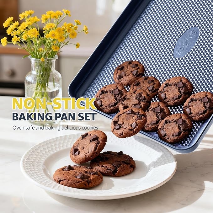 3Pcs Nonstick Baking Sheet, Baking Sheet Pan Set, Jelly Roll Pans, Cookies Sheet for Baking, Cookie Sheet Pan with Diamond Texture, Blue