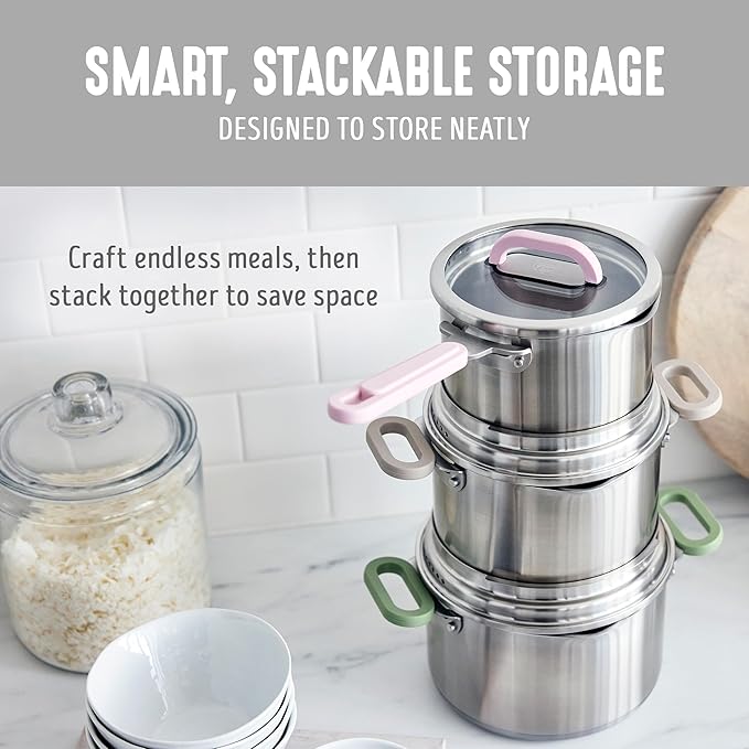 GreenLife 6 Piece Stainless Steel Cookware Set, Induction Kitchen Cooking Pots & Pans, Locking Lids, Built in Strainer, Drip-Free Pour Spouts, Silicone Handles, Saucepan, Stock Pot, Dishwasher Safe