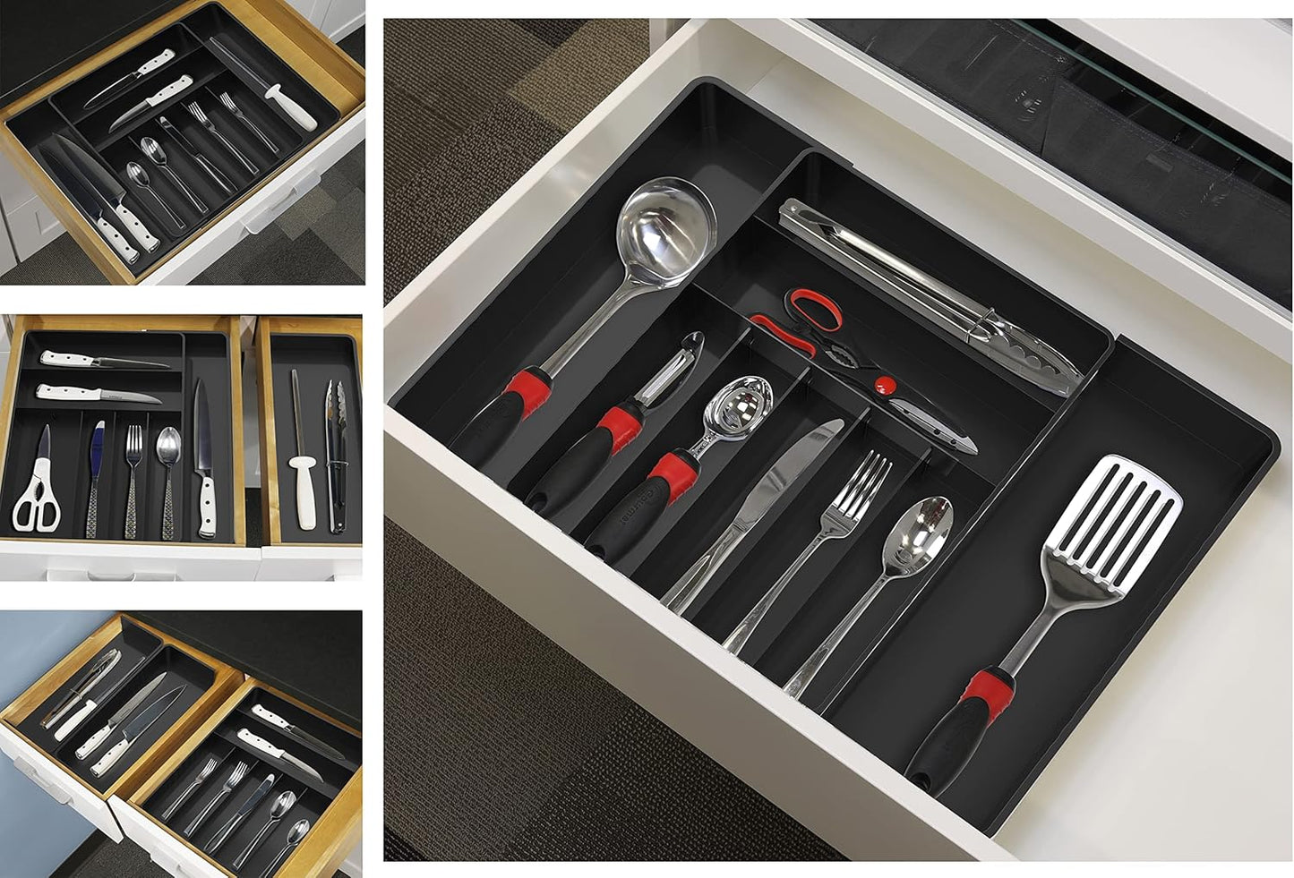 Simple Houseware Expandable Kitchen Drawer Flatware Organizer, Black – Adjustable Cutlery Tray with 9 Compartments for Utensils and Silverware