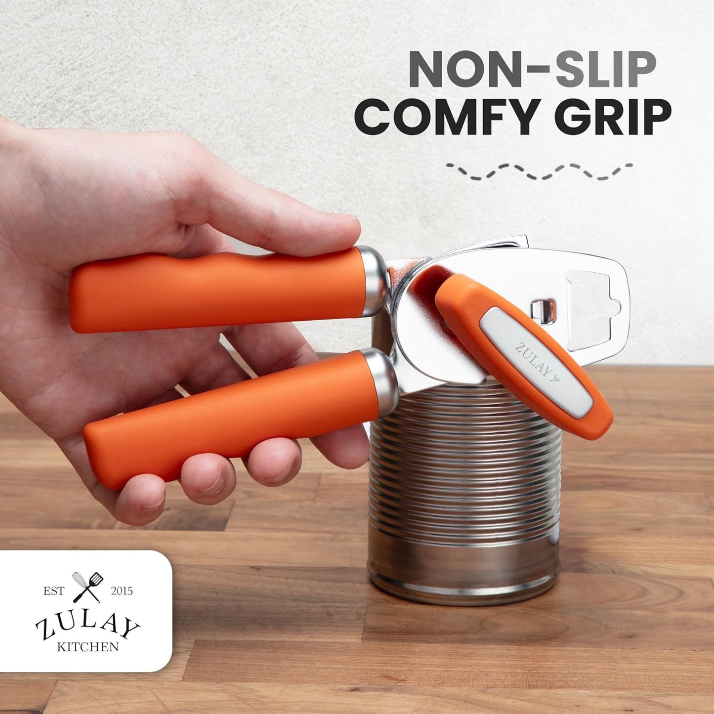 Zulay Kitchen Heavy Duty Stainless Steel Can Opener Manual with Bottle Opener - Rust Proof Manual Can Opener With Turn Knob & Comfy Soft Grip Handles - Orange