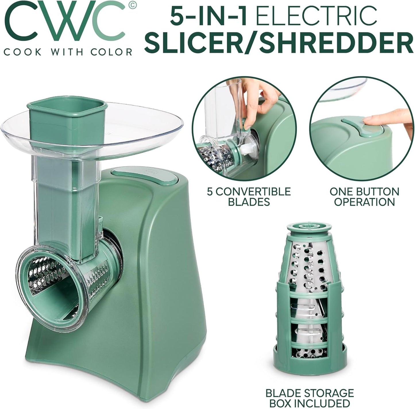 COOK WITH COLOR 5-in-1 Electric Slicer, 150W Food Prep Machine – Cheese Shredder, Fine & Coarse Graters, Potato Grater, Vegetable Slicer, Fruit, Salad Shooter, Compact Design for Bowl Prep, Green