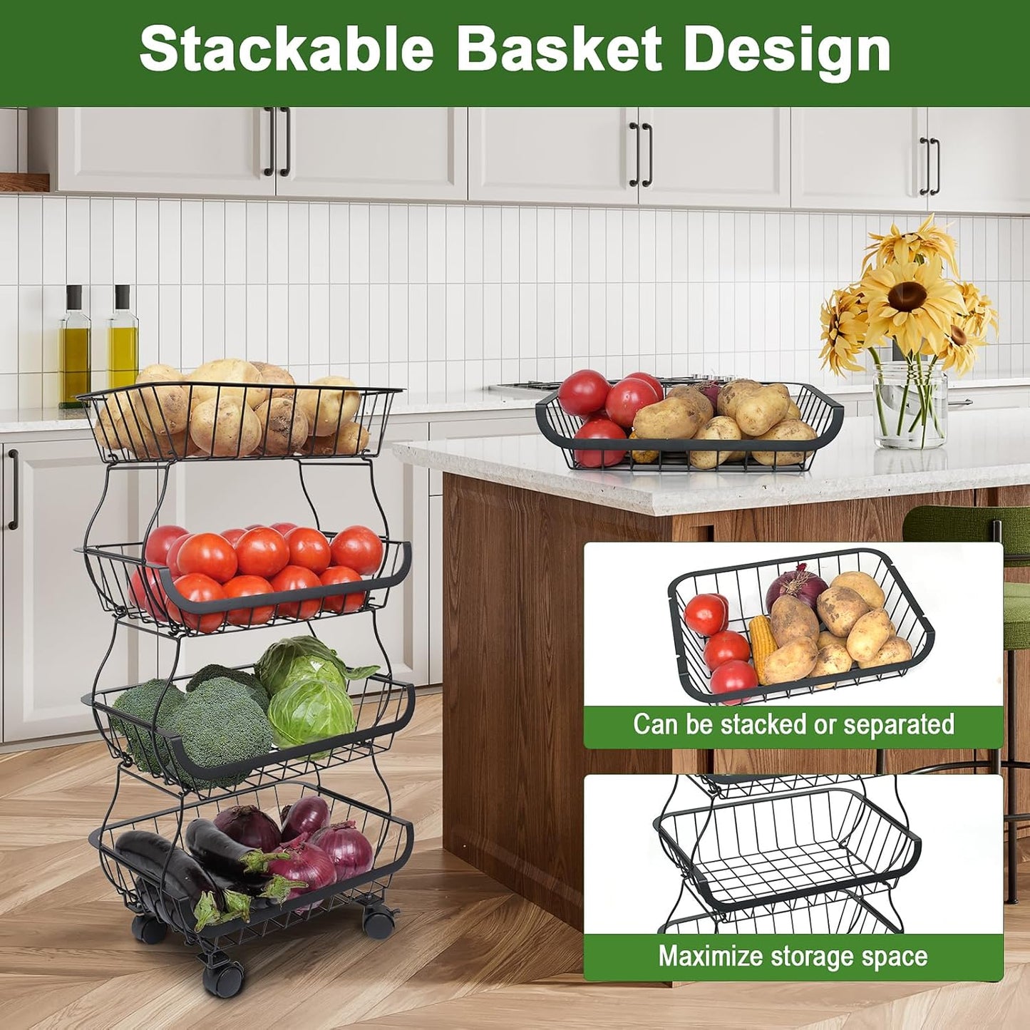 Fruit Vegetable Storage Basket, Kitchen Fruit Vegetable Storage Cart, 4 Tier Stackable Metal Wire Storage Baskets with Wheels, Produce Basket Organizer Bins for Pantry, Bathroom, Black