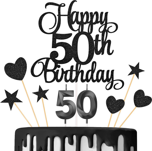 50th Birthday Cake Decorations, 50th Birthday Candles Cake Numeral Candles and Glitter Happy 50th Birthday Cake Toppers Set for Birthday Party Supplies (Black)