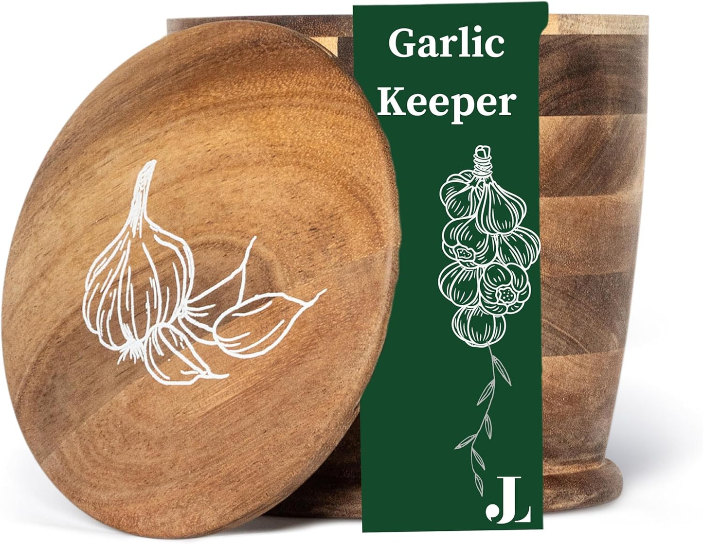 Introducing The Always Fresh Acacia Garlic Keeper For Counter. A Crafted & Large Garlic Storage Holder Jar. A Farmhouse Container Pot Saver.