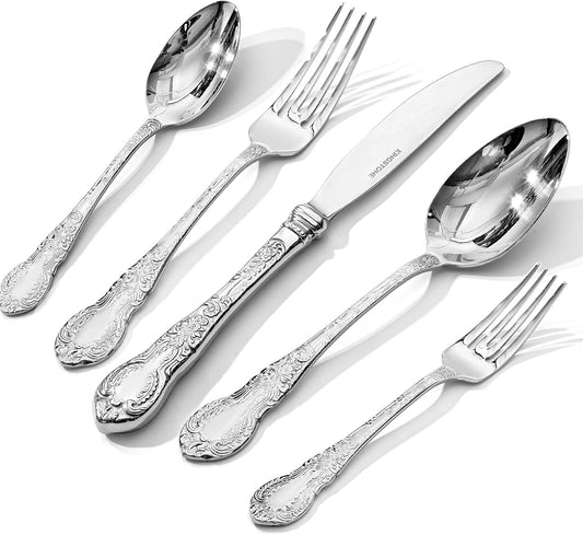 KINGSTONE Vintage Carved Silverware Set, 40-Piece 18/10 Stainless Steel Flatware Cutlery Set with Retro Royal Thick Handle, Tableware Utensils for Home, Restaurant, party, Wedding, Dishwasher Safe