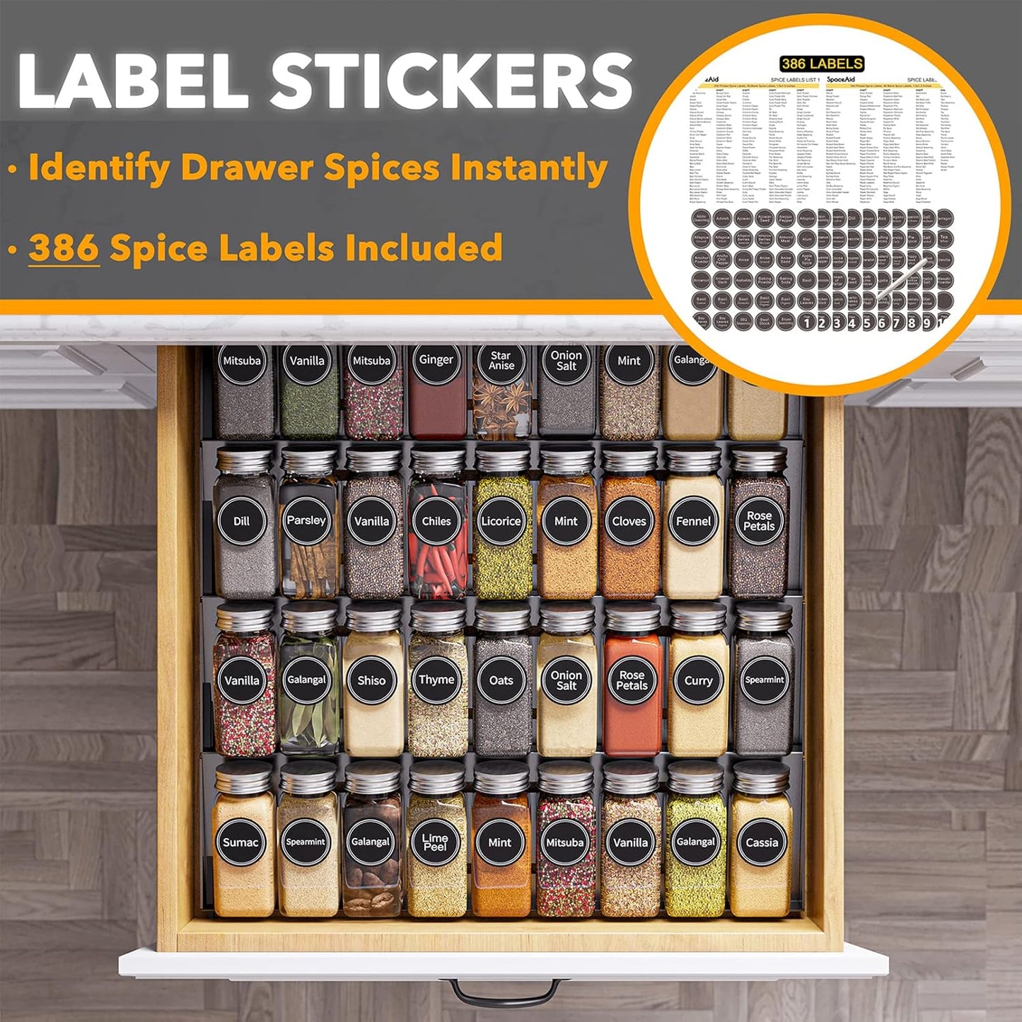 SpaceAid Spice Drawer Organizer with 36 Spice Jars, 386 Spice Labels, 4 Tier Seasoning Rack Tray Insert for Kitchen Drawers, 16.75" Wide x 17.5" Deep