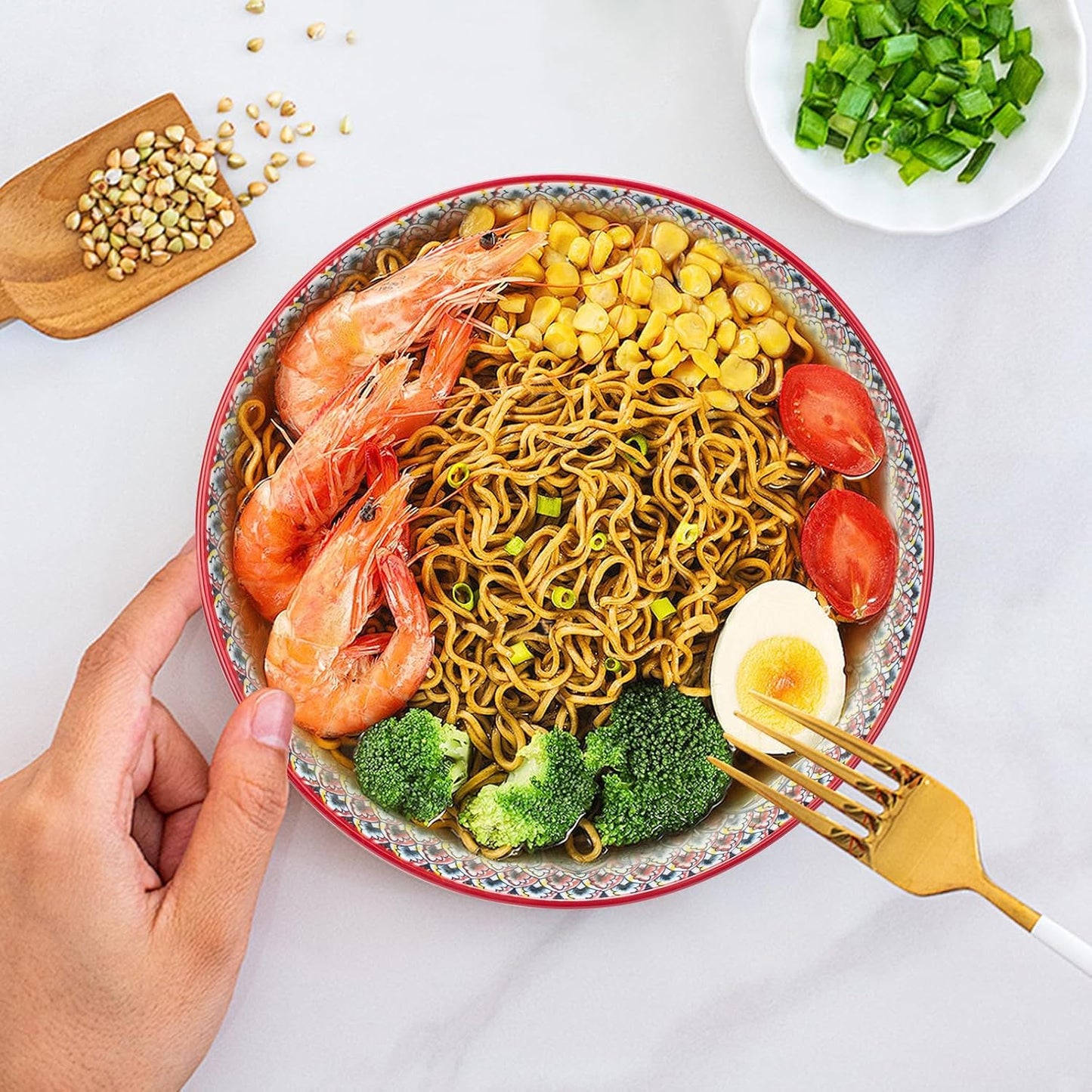 Large Serving Bowls, 75 Oz Fruit Salad Bowls Set of 2, Bohemian Style Large Porcelain Dishes for Entertaining Parties,Big Bowls for Salad, Pasta, Fruit, Chips, 10.3 Inch Diameter (red.red)