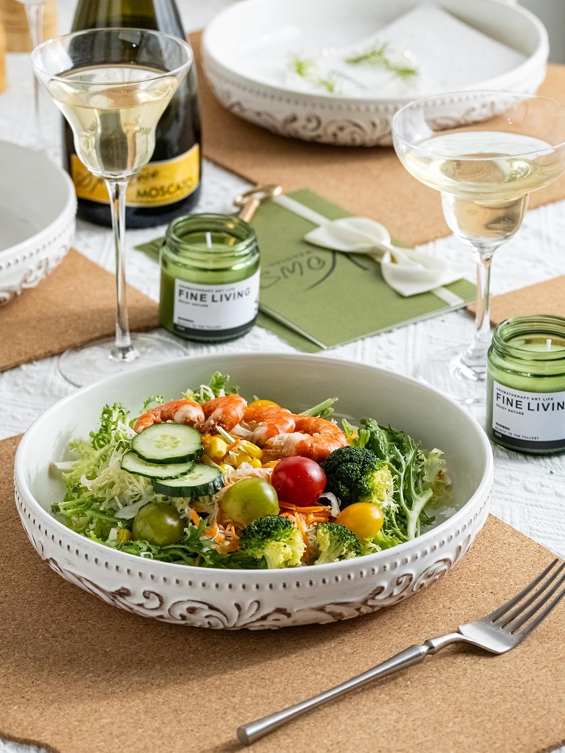 YHOSSEUN 9.75" Large Pasta Bowls, 50 OZ Salad Bowl Ceramic Serving Bowls Set of 4, Wide and Shallow Kitchen Bowl Plates Pasta Plates, Antique Morning Glory