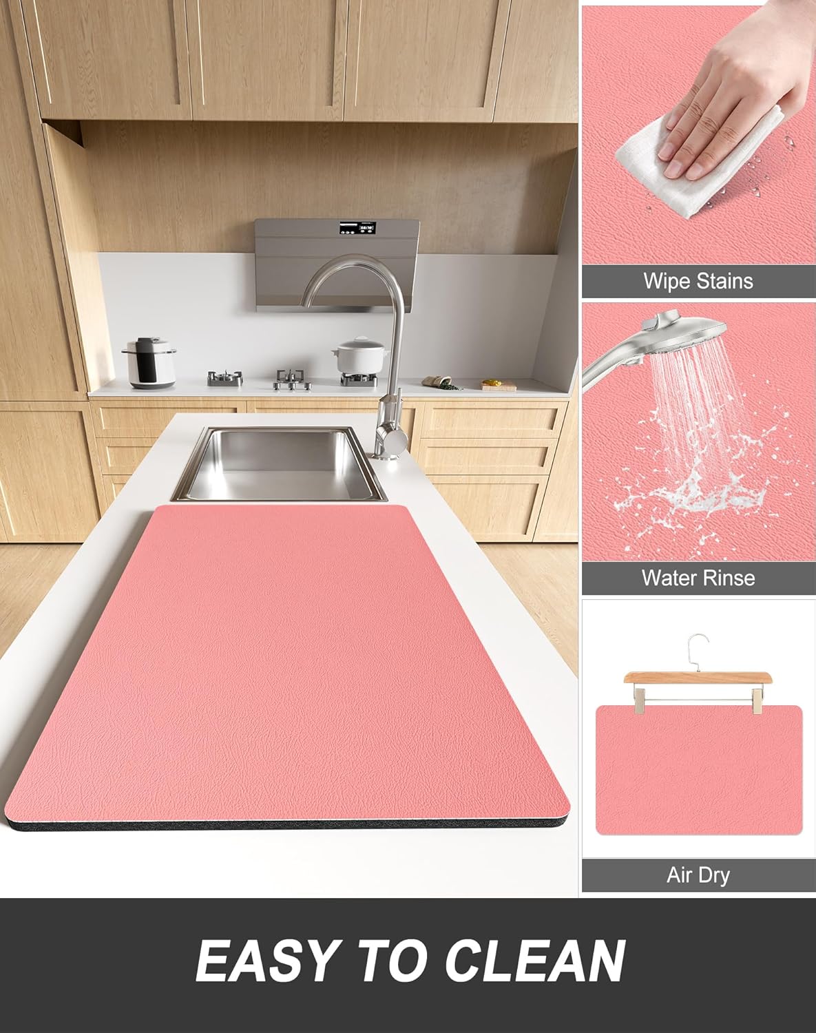 Rnivvi Dish Drying Mat for Kitchen Counter, XL 15 x 24" Super Absorbent Drainer Pad Easy Clean Dish Rack Pad, Non-Slip Heat Resistant Coffee Bar Mats for Coffee Machine Station Accessories, Rose Pink