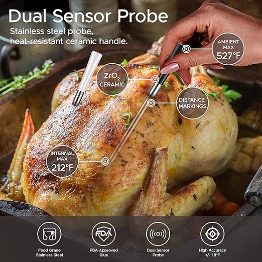CulinaMeter Three: 3 Probes Wireless Meat Thermometer with LCD Screen, 750FT Digital Cooking Food Thermometer for Beef Lamb Turkey, Dual Sensor Measures Internal & Ambient Temp