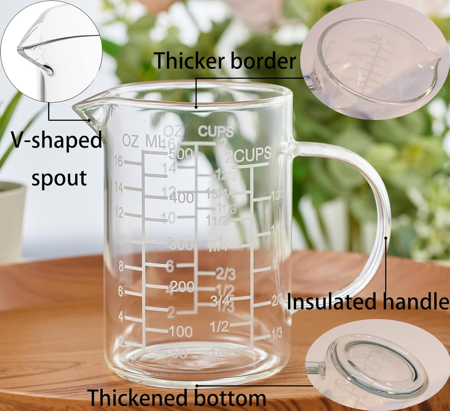 Ackers Mirror Etching Scale Glass Measuring Cup-[Insulated handle | V-Shaped Spout]-Made of High Borosilicate Glass Measuring Cup for Kitchen or Restaurant, Easy to Read, 500 ML (16 Oz, 2 Cup)
