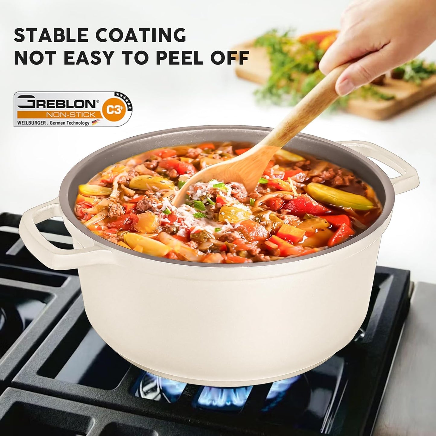 Large Dutch Oven Pot with Lid-7.5QT Cast Aluminum Oven Pot with Two Handles Lightweight for Bread Baking Braising and Roasting(Beige)