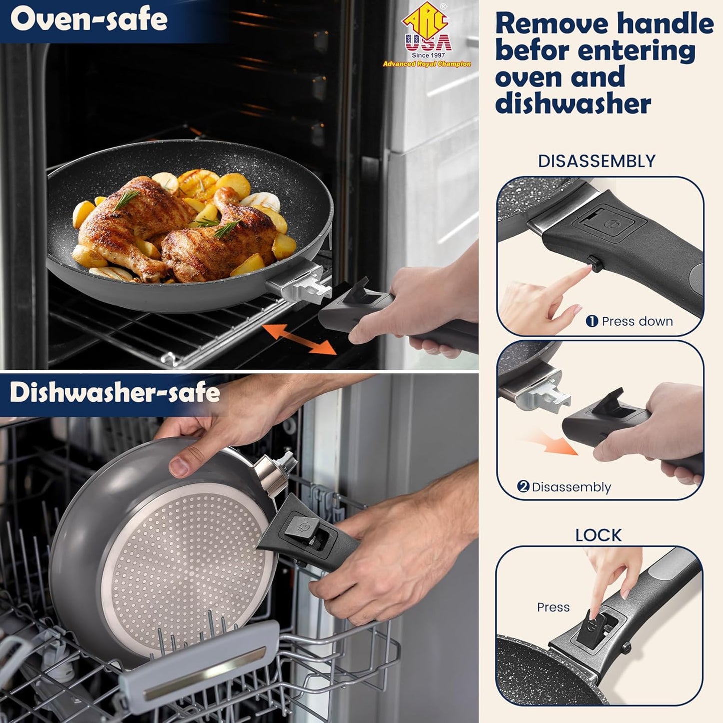 ARC Nonstick Frying Pan Skillet With Removable Handle,10 Inch Skillet with Lid Egg Pan Non Stick Saute Pan, Oven and Dishwasher Safe, PFOA Free Cookware Cooking Pan For Induction Cooktops