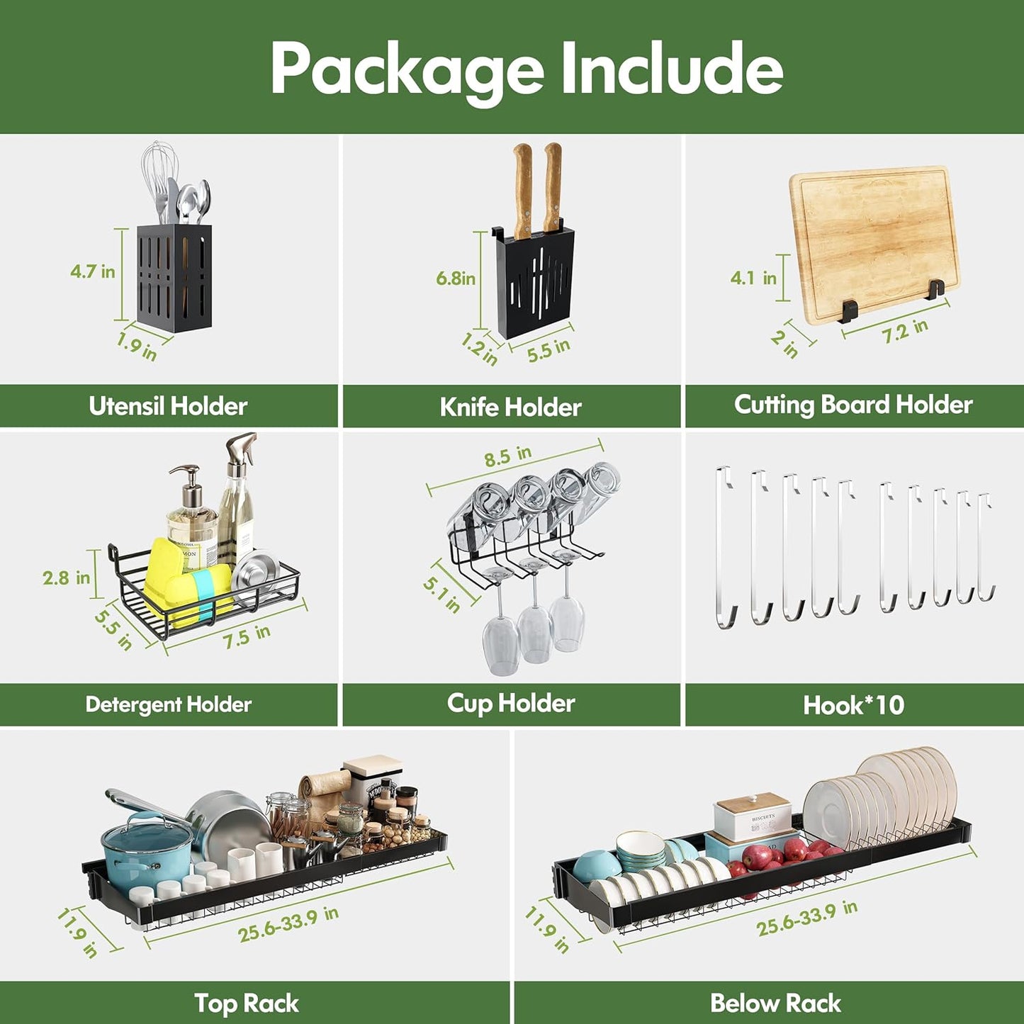 3 Tier Extra Large Stainless Steel Expandable Over The Sink Dish Drainer Drying Rack, Rust Proof Metal, Space Saving, Modern Black Big Capacity Extendable Plate Strainers Above Kitchen Counter