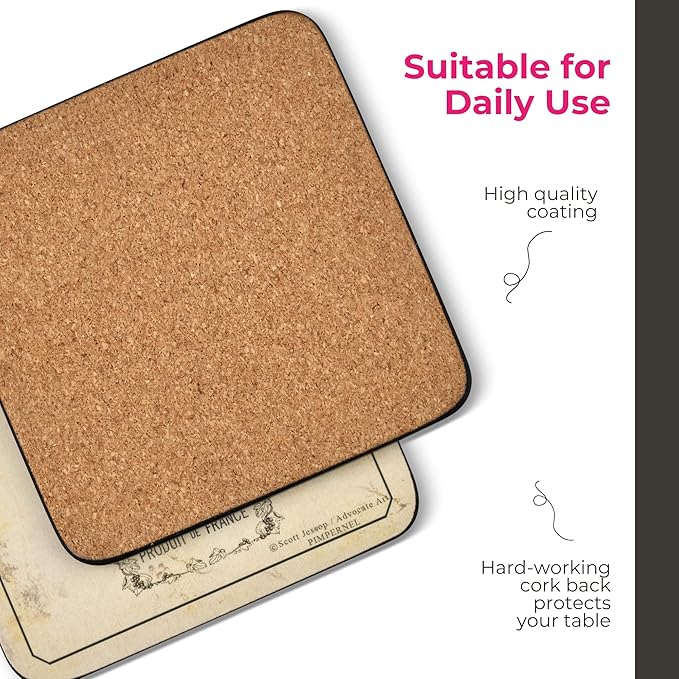 Pimpernel Vin de France Coasters, Set of 6 – 4" Cork-Backed Boards Featuring Classic Wine Label Artwork, Heat & Stain Resistant Lacquered Finish Drink Mats for Dining, Bar & Kitchen Decor