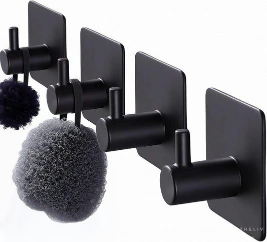 Adhesive Hooks for Hanging - 4 PCs, Towels Hooks for Bathroom, Sticky Hooks for Walls No Damage, Adhesive Hook for Outside, Kitchen, Bathroom, Office (Black 1)