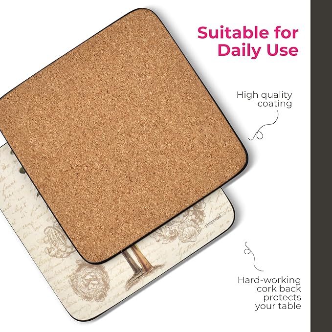 Pimpernel Wild Apple Vintage Study Coasters, Set of 4 – 4.25" Square Cork-Backed Drink Mats with Botanical Tree Artwork, Heat & Stain Resistant Surface Protectors for Dining & Kitchen Use