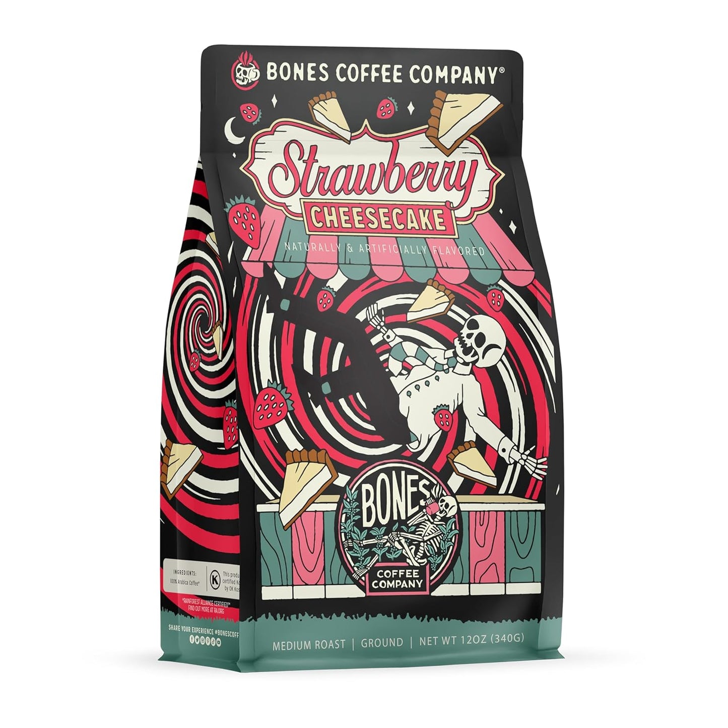 Bones Coffee Company Strawberry Cheesecake Flavored Coffee, Medium Roast Low Acid Arabica Beans Compatible with Auto drip and French Press Coffee Maker, 12 Oz Ground
