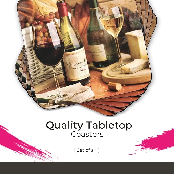 Pimpernel Artisanal Collection Coasters, Set of 4 – 4" Square 5mm Cork-Backed Drink Mats with Cheese & Grapes Art Print, Heat & Stain Resistant Lacquered Board for Dining Table Protection